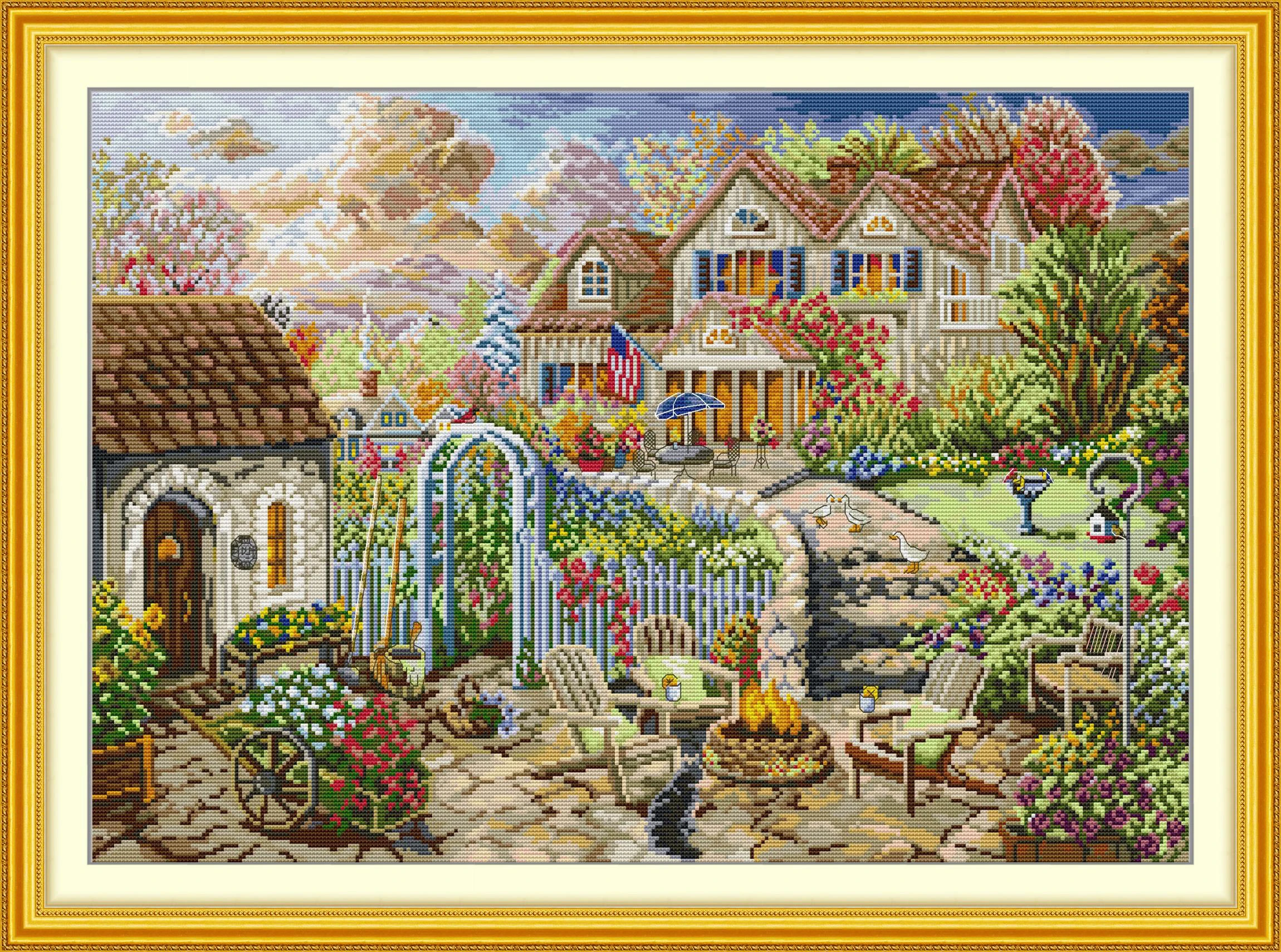 News Pre-Printed Cross Stitch Kit, Stamped Aida Fabric With DMC Threads, Embroidery Kit - Garden Courtyard