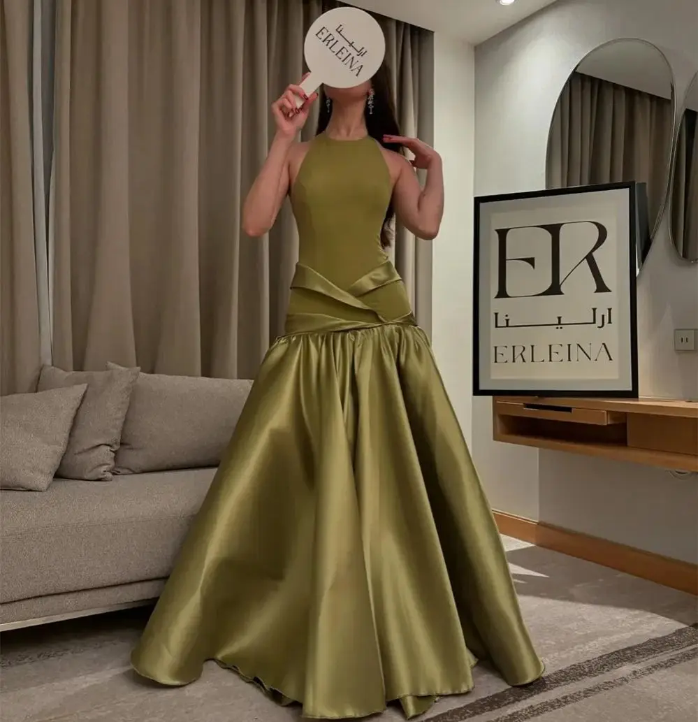 

Olive Green Evening Dresses Halter Neck A-line Prom Dress Zip Back vestidos de noiva Floor-length Sleeveless Customized Dress