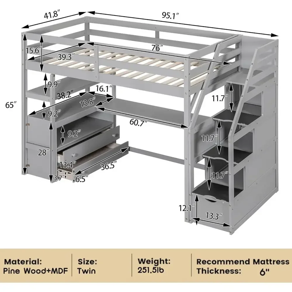 Twin Loft Bed with Stairs, Desk, and Storage Cabinet - Ideal for Kids, Teens, Boys, Girls in Gray