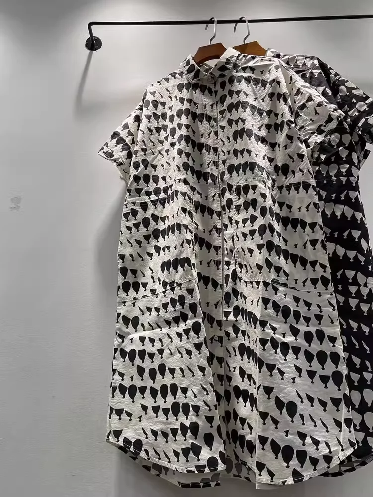 

Fall clothes 2025 women Japan style cotton short sleeve geometric pattern dress for women single-breasted long shirt dress