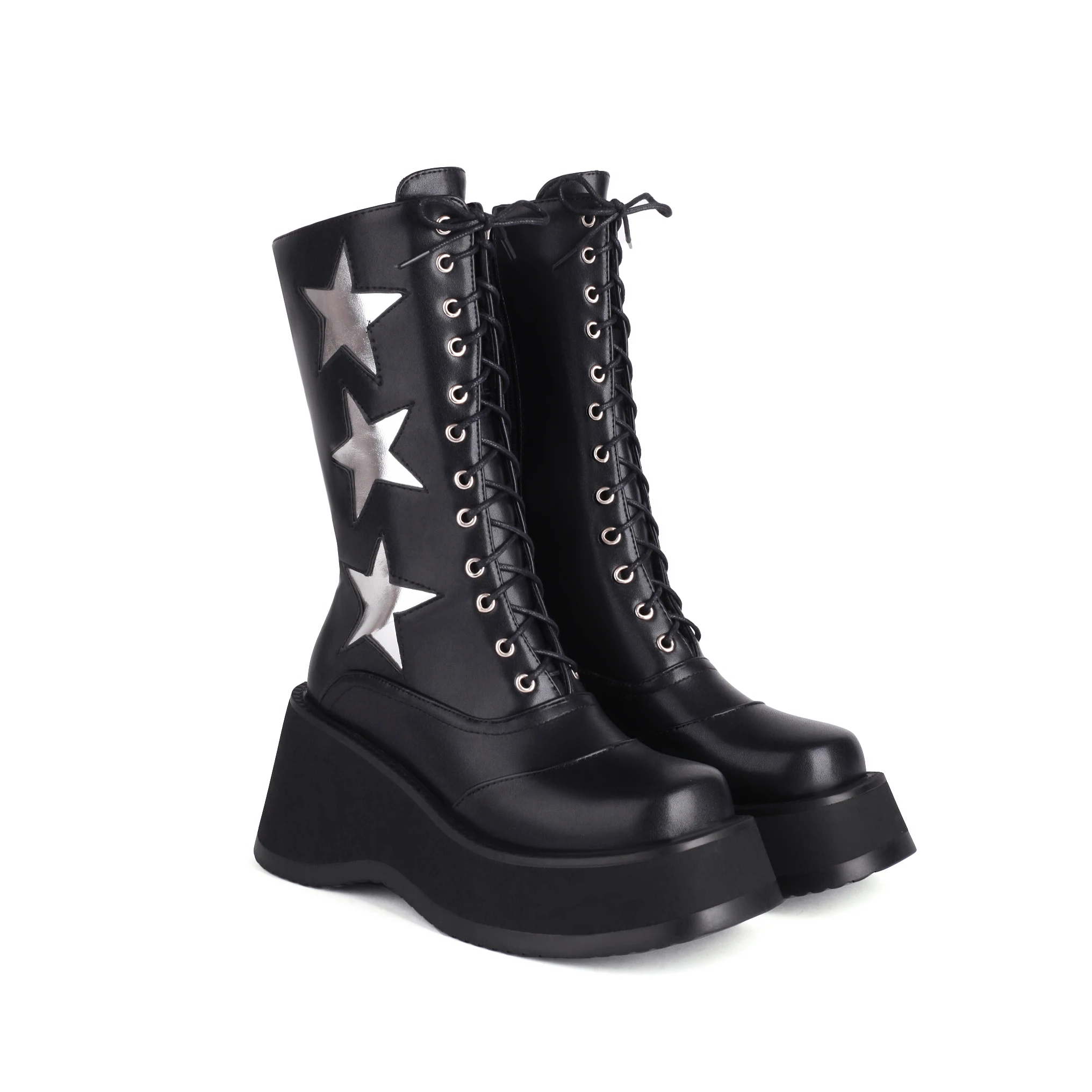 Punk Style Metal Belt Buckle Locomotive Boots Slope Heel Thick Sole Heightened Zipper Knight Boots Sexy Women's Boots 36&42