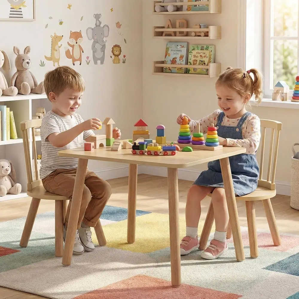 Kids Table and Chairs, Wooden 3 PCS Children Desk Set w/Pine Wood e, Curved Backrest & Round Seats or Playing Learning Eating, T