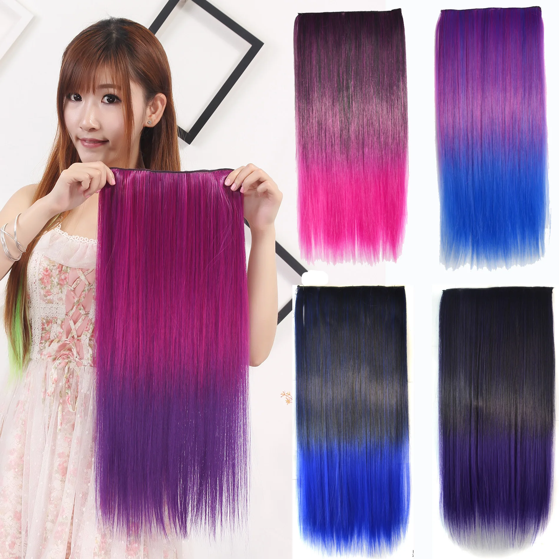 24Inch Long Straight 5 Clip In Hair Extensions Synthetic Fiber Hairpiece Red Black Blonde Natural Hairstyle For Women
