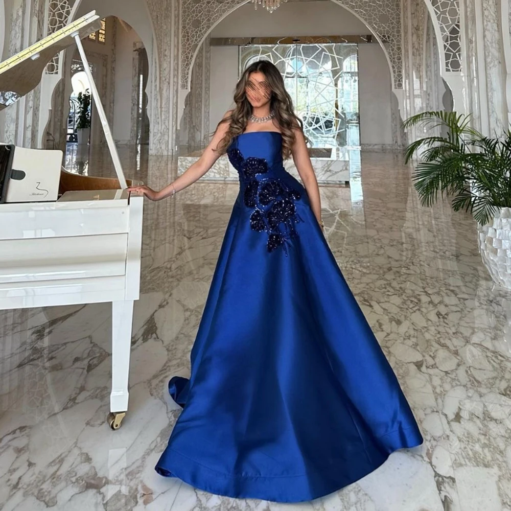 

Customized Strapless Simple Appliques Navy Blue Women Evening Dresses A-line Sequined Floor Length Backless Party Prom Dress