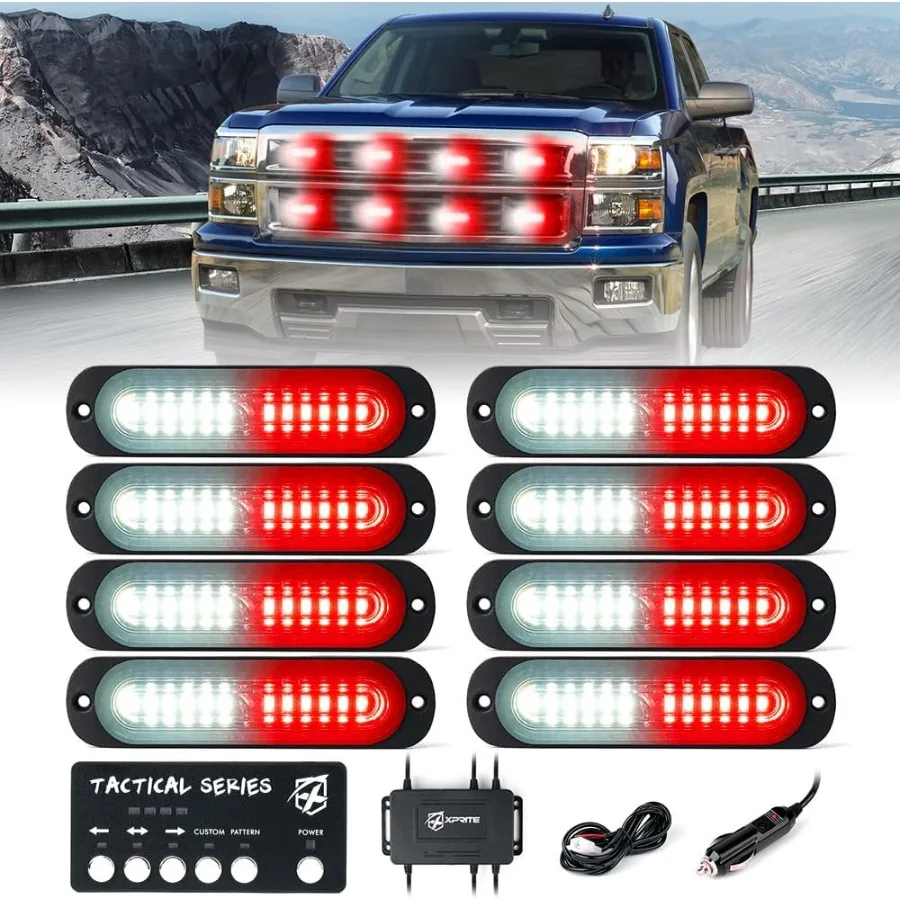 

White Red LED Surface Mount Strobe Lights Kit with Control Panel for Emergency Safety Warning Flashing Grille Cop Marker Light