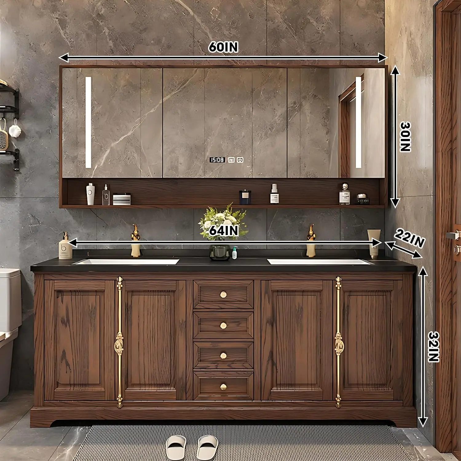 Modern Solid Wood & MDF Bathroom Vanity Cabinet with Lacquer Finish Ceramic Sink Floor Standing Storage and Countertop
