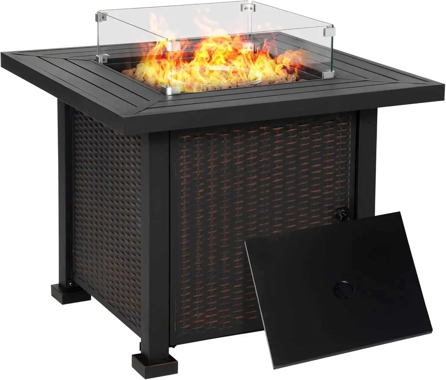 Outsunny 34 Inch Outdoor Propane Gas Fire Pit Table, 50,000 BTU Auto-Ignition Square Wicker-Effect Gas Firepit