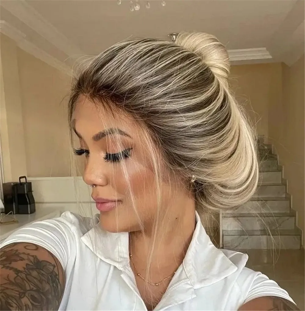 

Удобные в носке парики из синтетических волос 13*4 платинового блонда с эффектом омбре, термостойкие, длинные прямые парики для чернокожих женщин, без клея.