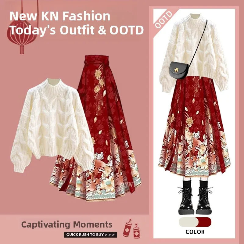 

Winter Faion Women's Knitted Sweater And Hanfu Skirt Two-Piece Set High-End Twisted Knitwear round Ne Long Sve Top