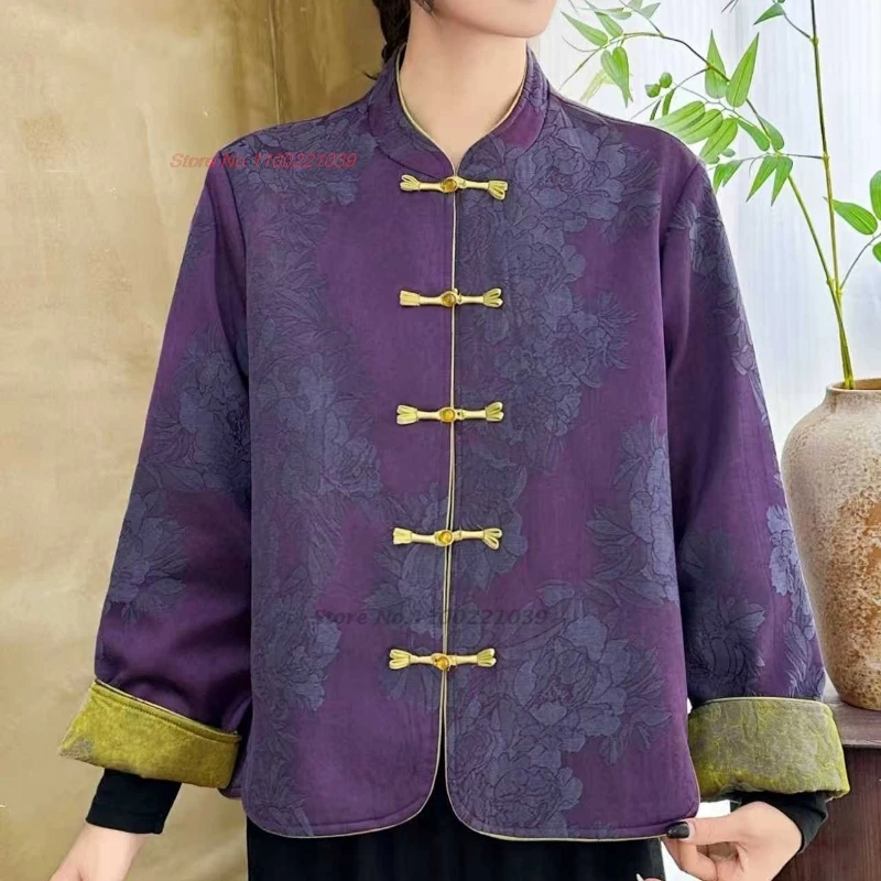 

2025 китайское винтажное пальто с хлопковой подкладкой, традиционные топы ханьфу, национальная атласная жаккардовая куртка с воротником-стойкой, этническое винтажное пальто