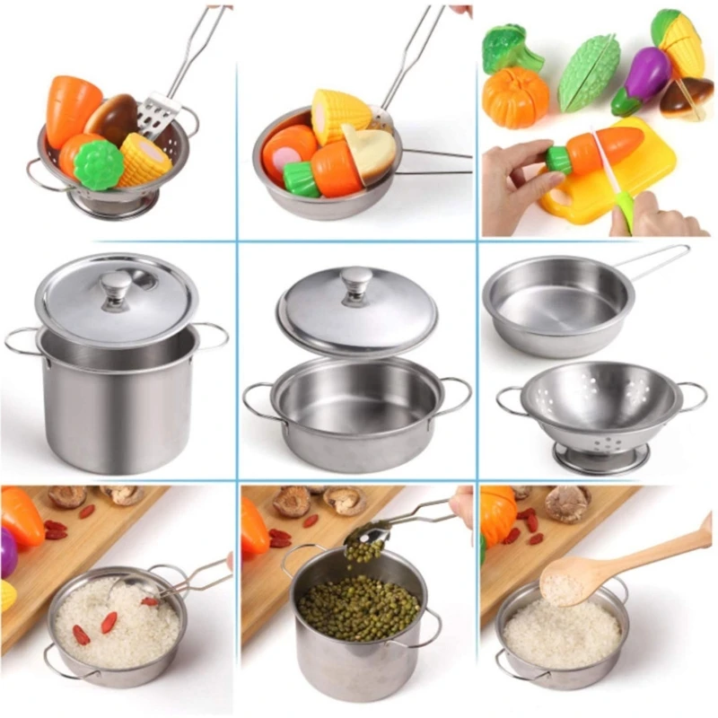 Kids Simulation Play House Toy Stainless Steel Kitchen Cooking Utensils Pots Pans Toy Miniature Kitchen Tool Drop shipping