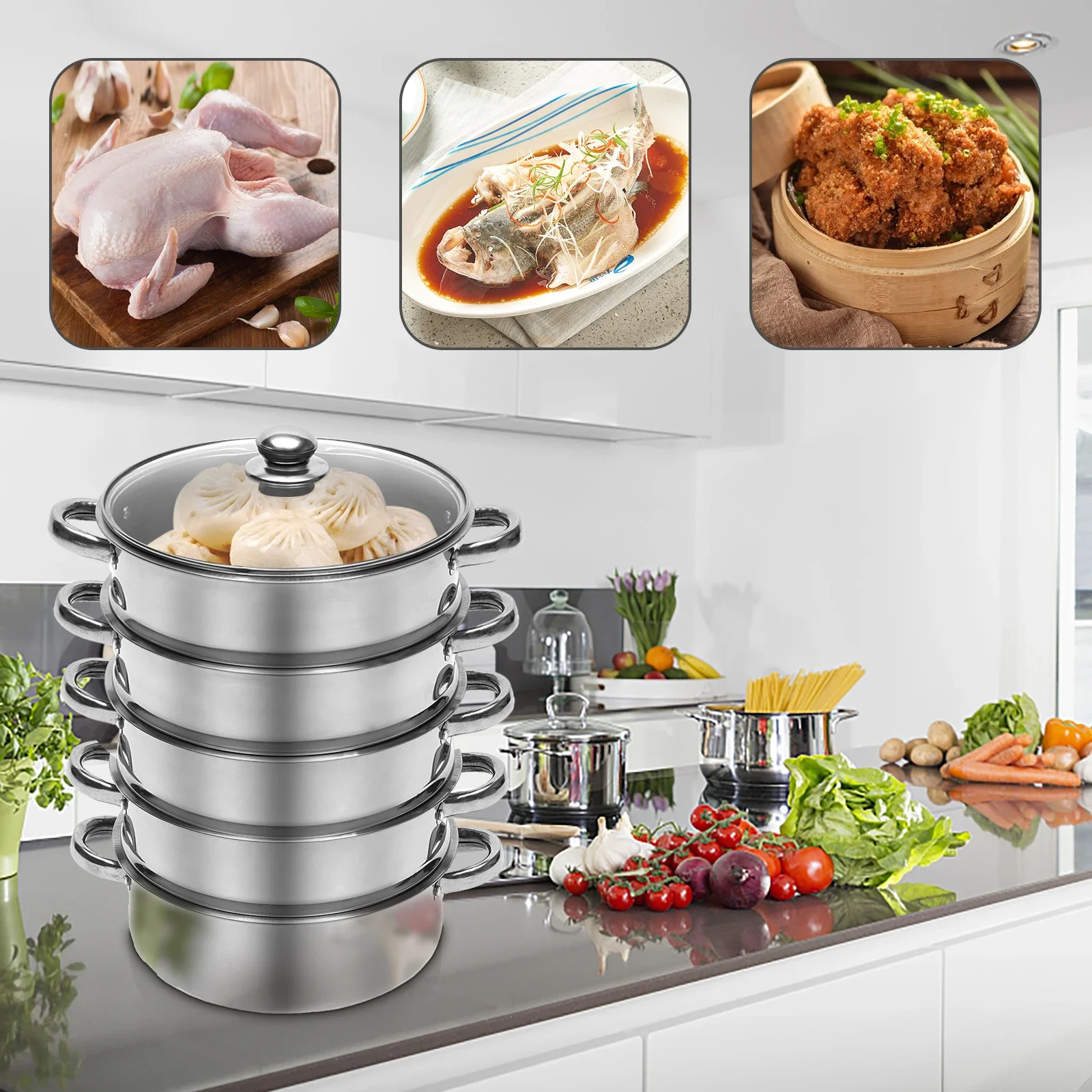 

5-Tier Stainless Steel Steamer With Glass Lid Durable & Easy-to-Clean Cooking Steamer Multifunctional Damper Food Container 26cm