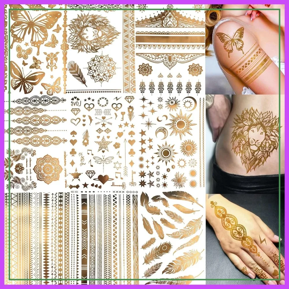 

9 Sheets 110+ Designs Flash Gold Temporary Tattoos Metallic for Women Adult, Girl Golden Lion Sun Moon Star Butterfly Glitter Tattoo Sticker, Fake Tattoos That Look Real and Last Long