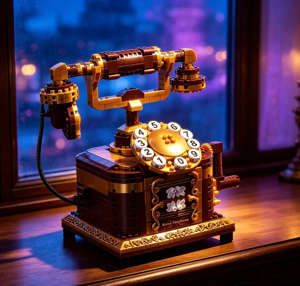 Classic Rotary Dial Retro Phone DIY Building Blocks Sculpture Antique Vintage Telephone Desktop Decor Hand Assembly Craft