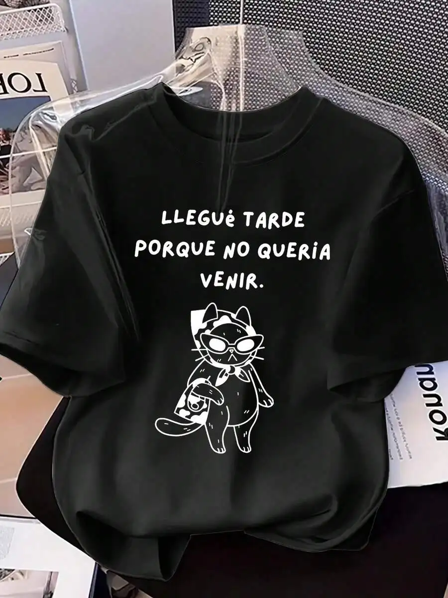 2026 Spring New Spanish Stylish Cat Graphic T‑Shirt White Crew Neck Casual Short Sleeve Tee Fashion Summer Daily Tops For Cat Lovers