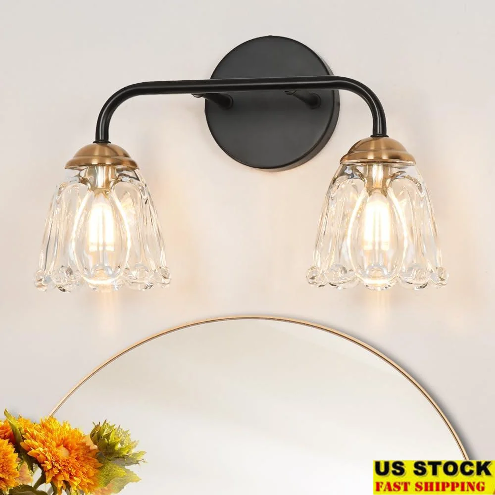 Antique 2 Light Bathroom Vanity Fixtures Black Gold Clear Glass Wall Sconces Vintage Style Ceramic Base Easy Install