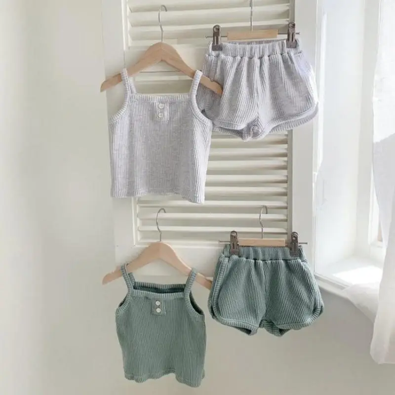 

Summer New Children Sleeveless Clothes Set Boys Girls Sling Tops + Shorts Solid Casual 2pcs Suit Kids Versatile Cotton Outfits