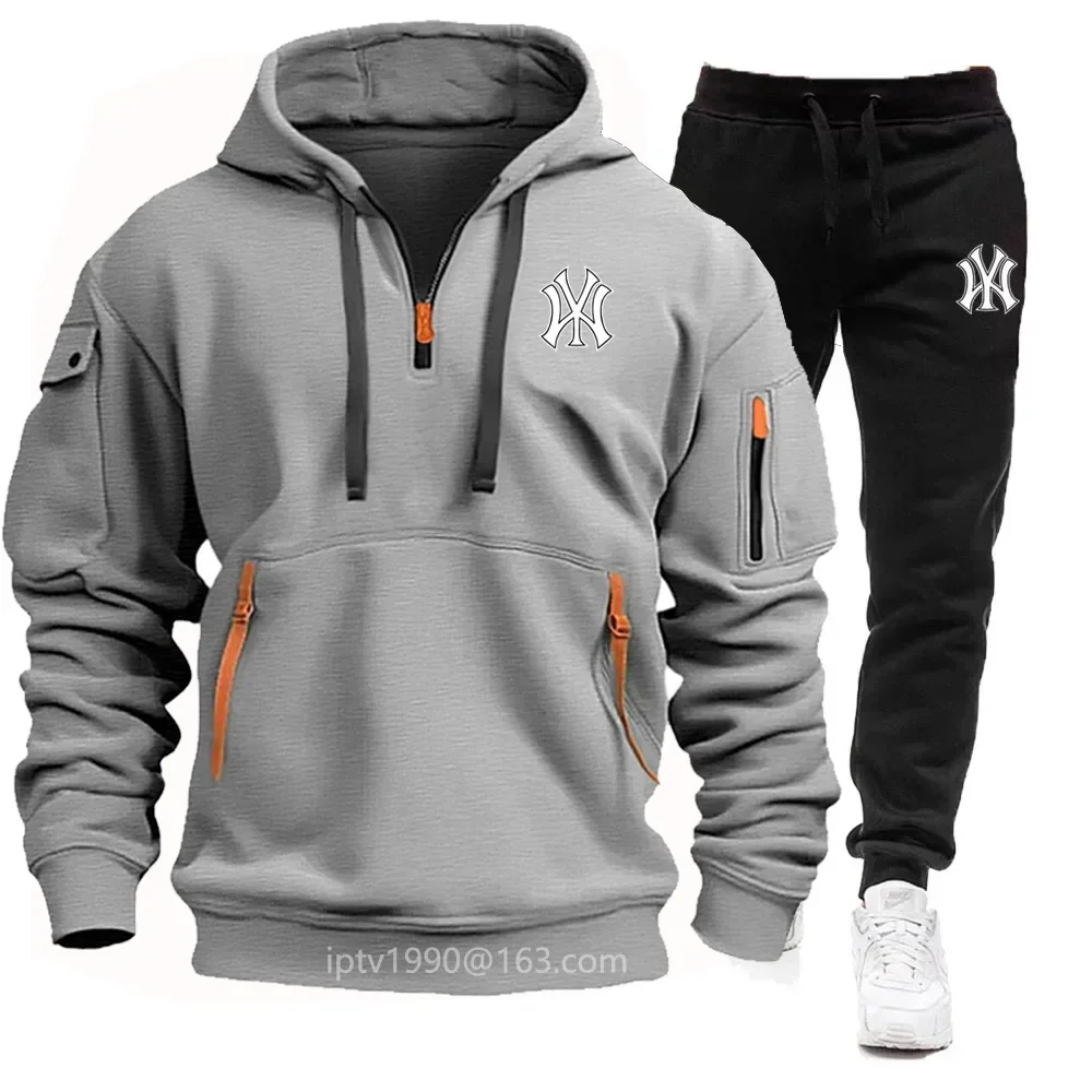 Men\'s Set New Autumn Winter Multi-pocket Zipper Long-sleeved Hoodie + Sweatpants Leisure Pants Two-piece Fitness Jogging Suit