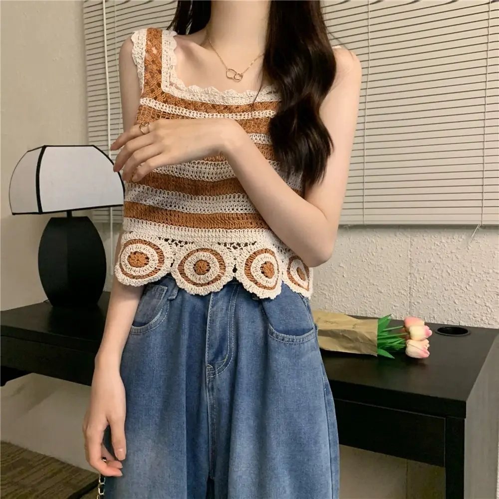 Moda retro colheita topo de malha crochê sem mangas colete bordado padrão elegante regata feminina