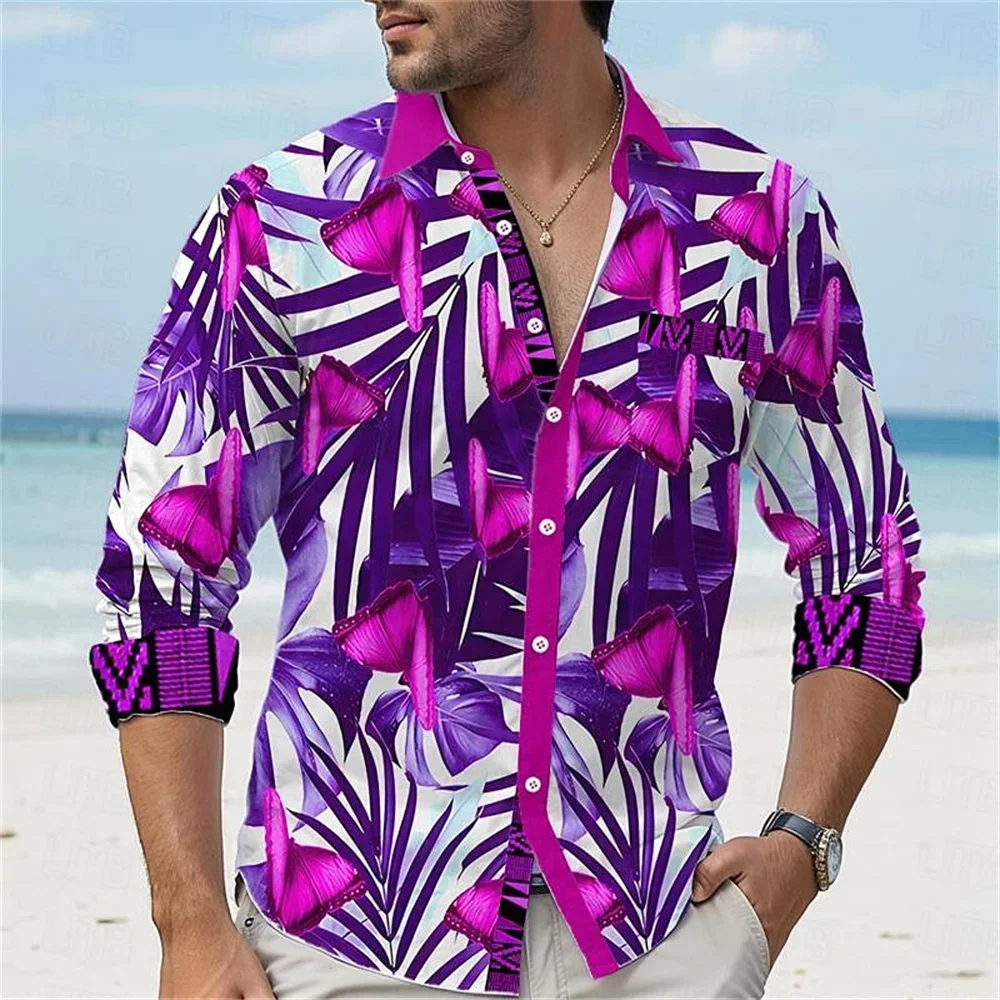 

New men's 3D printed leaf collar shirt with fashionable pocket buttons, Hawaiian shirt, outdoor party club, plus size clothing