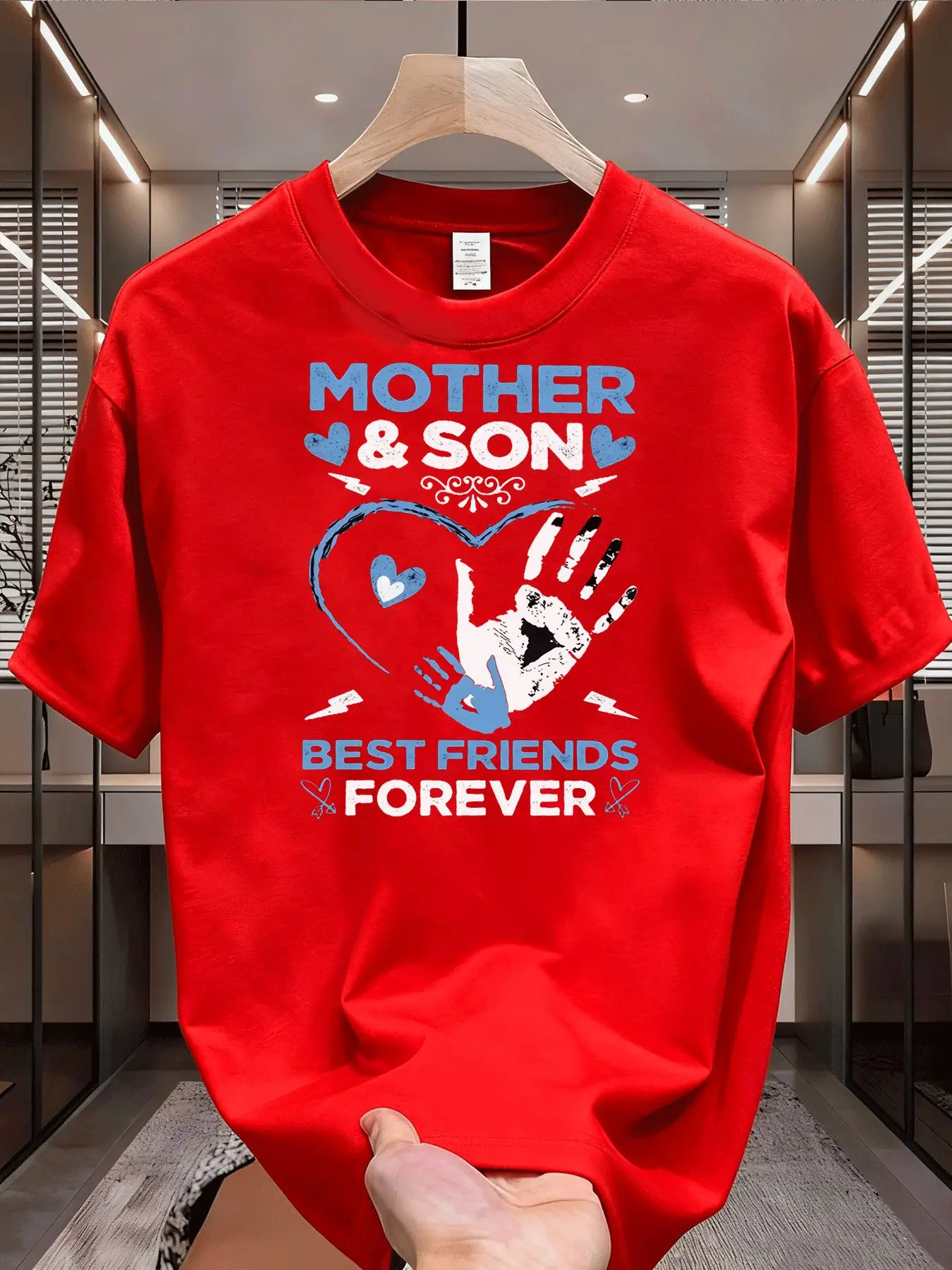 Men'S Casual Adult T-Shirt with a Blue Graphic of a Heart Handprint, Perfect for Holiday Gifts And Street Style, Celebrating The