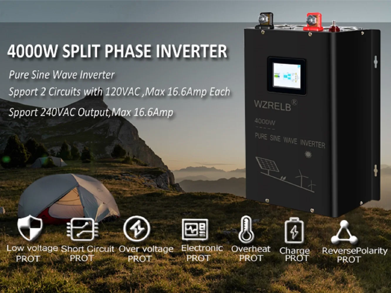 4000W Motor Pump Split Phase Solar Power Inverter Pure Sine Wave Converter 24V/36V/48V DC to 110/220V,120/240V AC Wired Control