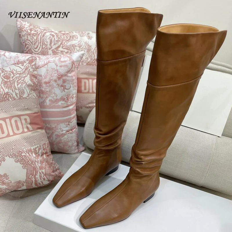 Turned Over Two Wear Over The Knee Boots Cowhide Square Toe Low Heel Back Zipper High Sleeve Long Knight Boot Women Casual Shoes