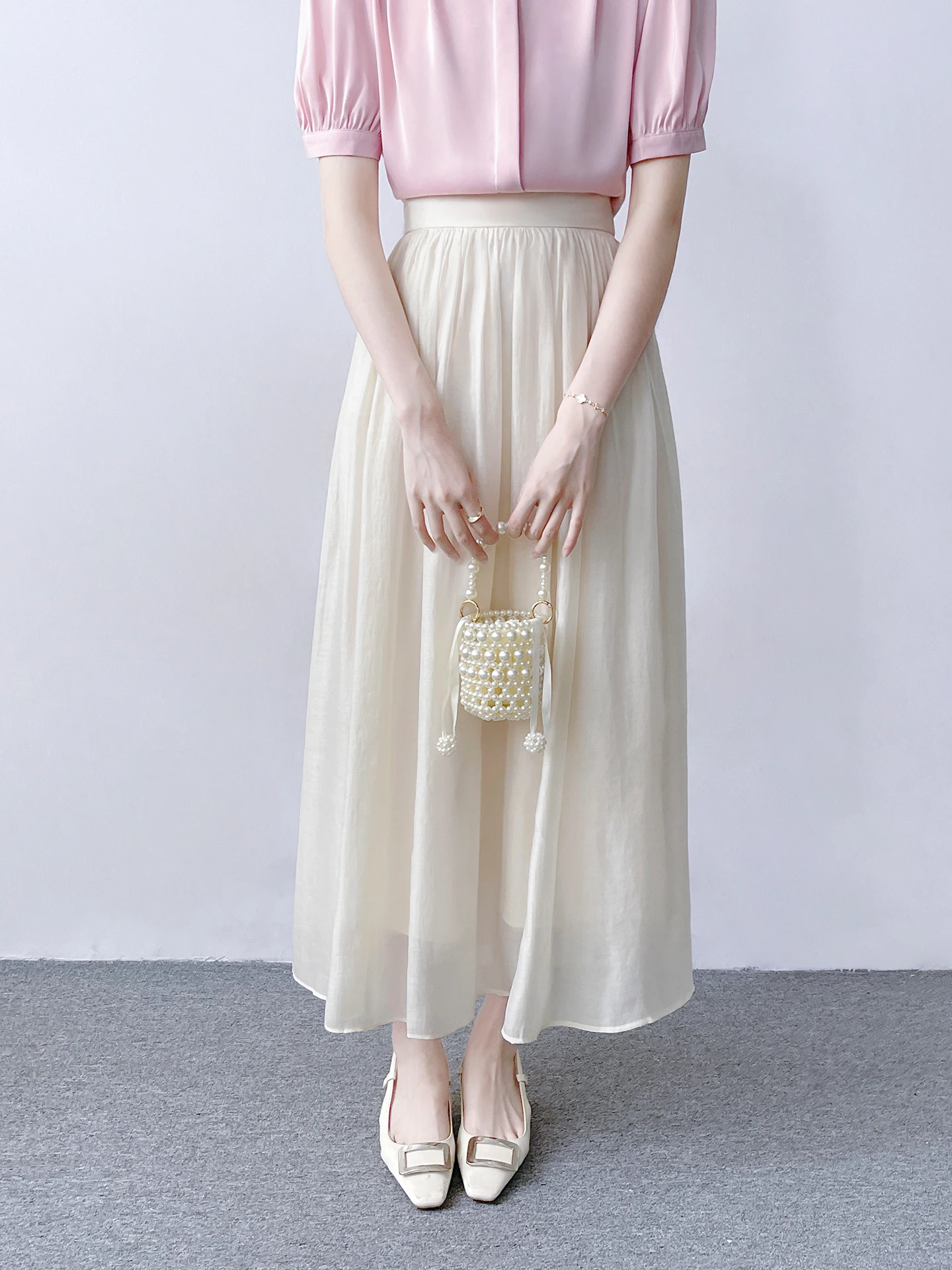 Slimming High Waist Long Skirt Women's Summer High-End Feeling Silk Pleated Skirt French Style Skin-friendly Breathable