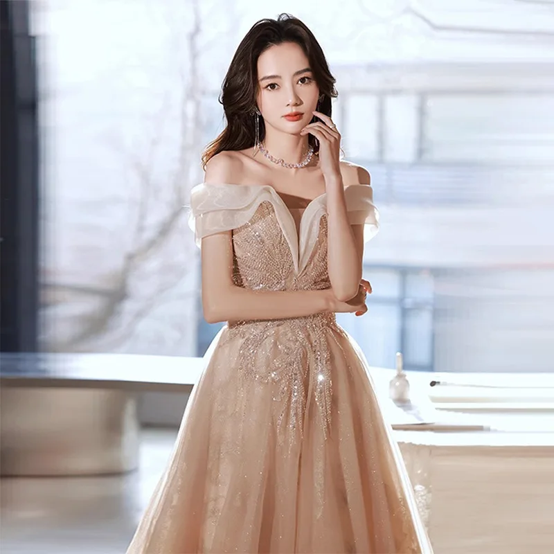 

Champagne Beaded Evening Dress Women Boat Neck Tulle Appliqué Prom Gown Elegant Modern Off the Shoulder A-Line Cocktail Dresses