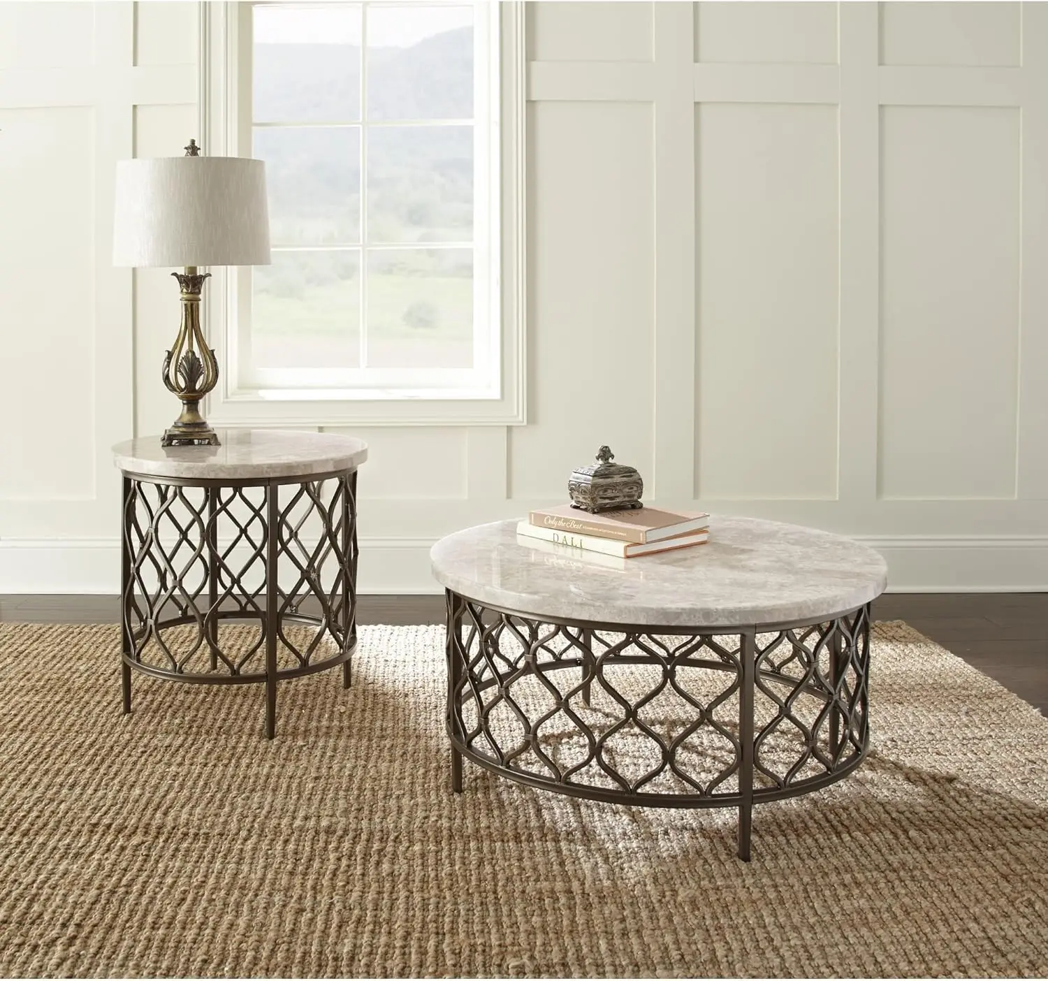 Roland White Marbletop Cocktail Table Round Stone Bronze Metal Base Frame Coffee Modern Living Room