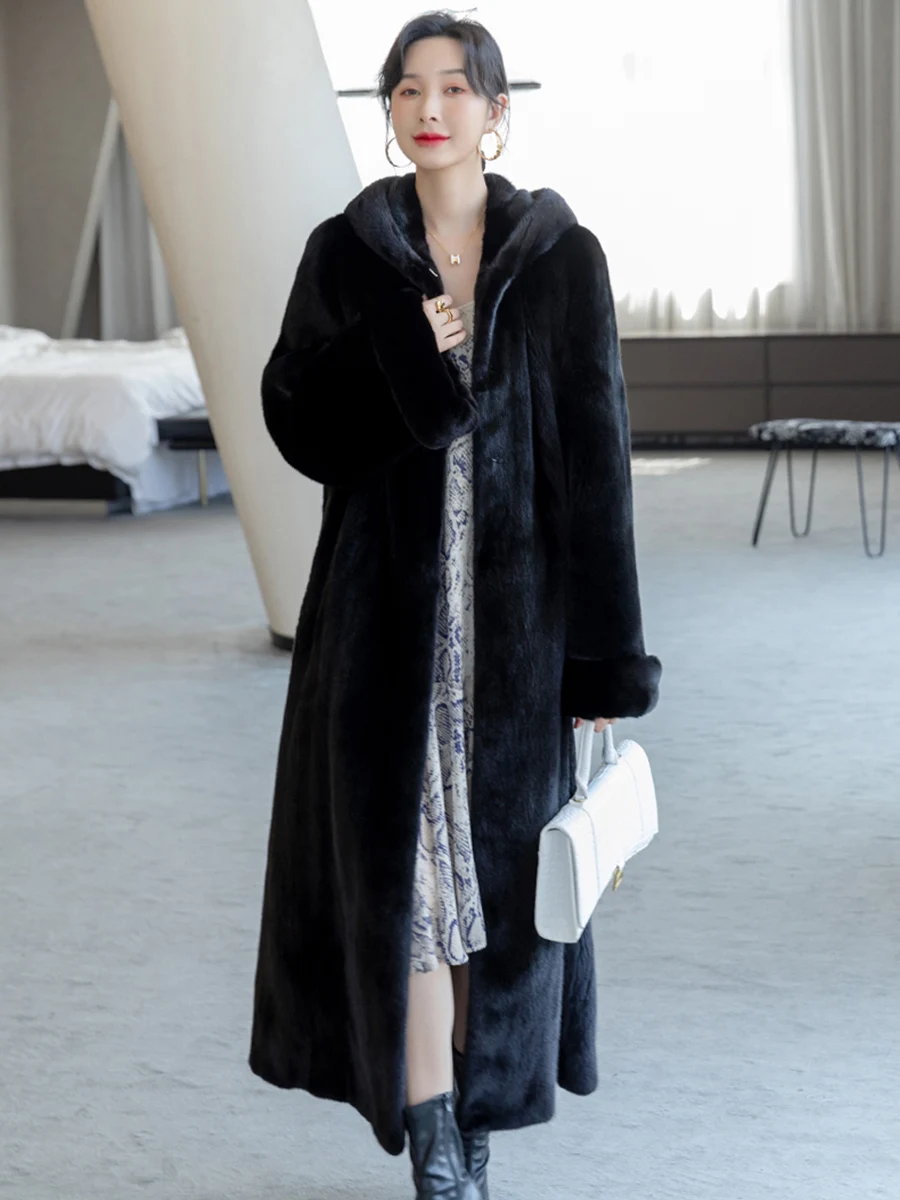 Autumn Winter Long Luxury Elegant Thick Warm Fluffy Soft Faux Mink Fur Coat Women with Hood Loose Furry Overcoat 2025