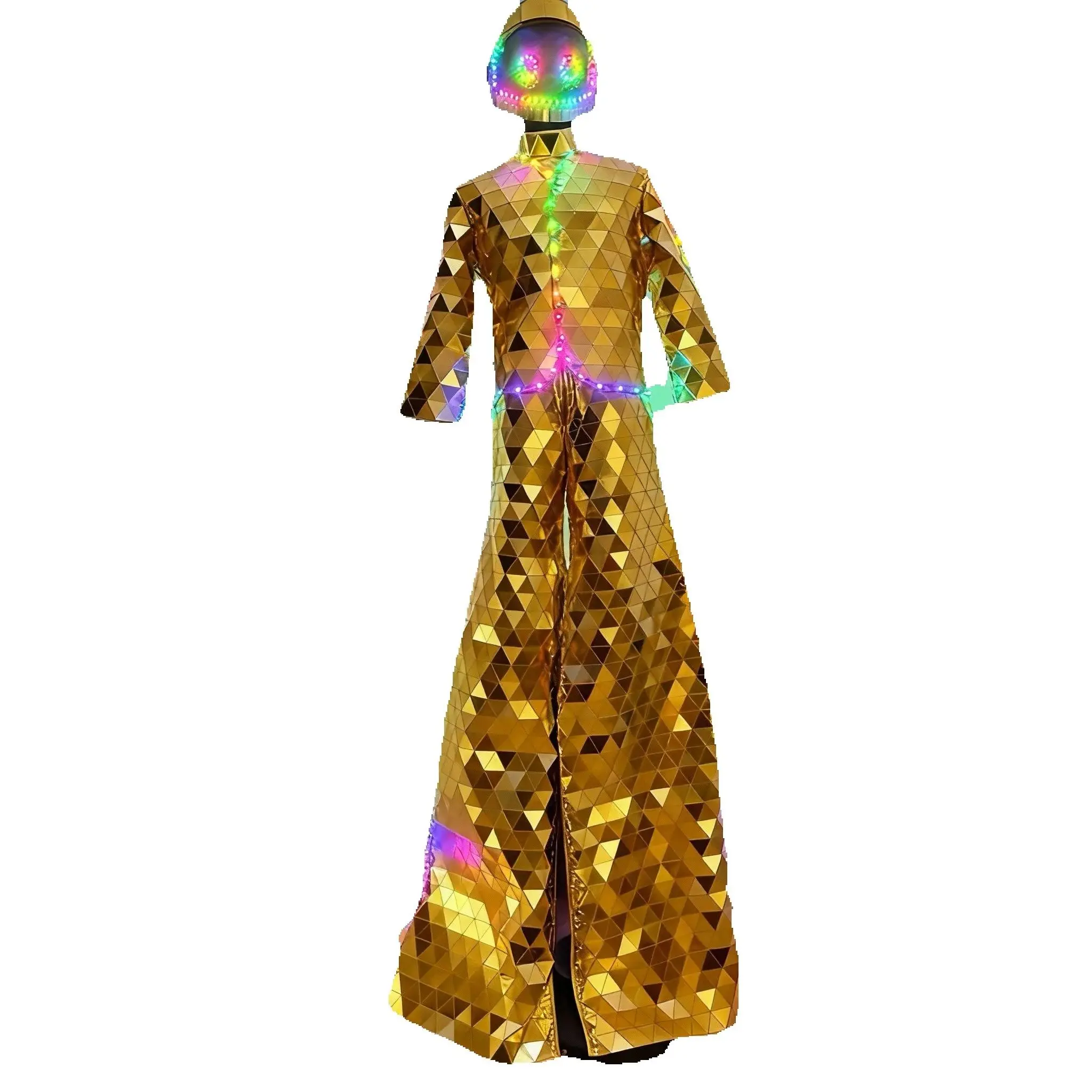 

Светодиодные ходули, блестящая зеркальная ткань с блестками, карнавальный костюм для сценического выступления, развлекательного шоу, размер для взрослых