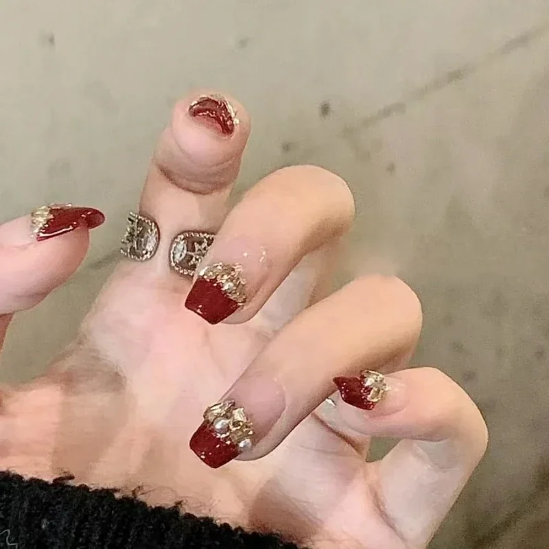 

10Pcs/set Red French Fake Nail with Diamond Design Elegant Handmade Press on Nails for Women&Girls Daily Wearable Nail Art Tips