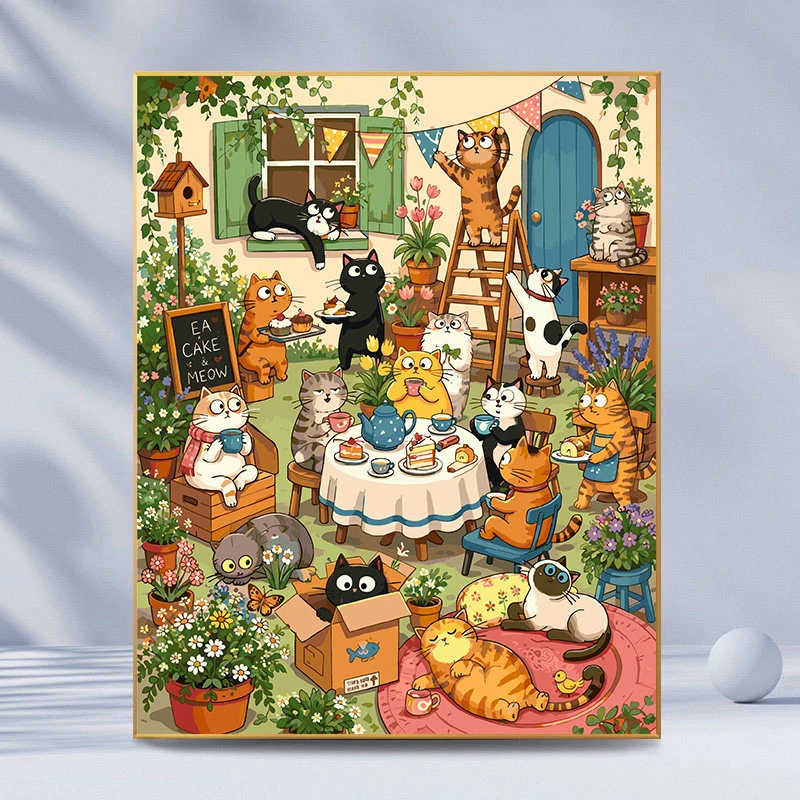 Cute Cat Tea Party Oil Painting Modern Wall Decor Paint by Numbers for Living Room Bedroom Perfect Gift No Frame