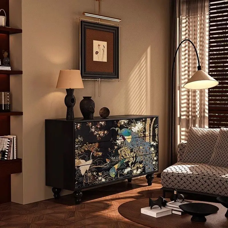 

New Chinese solid wood six-chest cabinet, living room storage cabinet against the wall, porch aisle peacock painted decorative