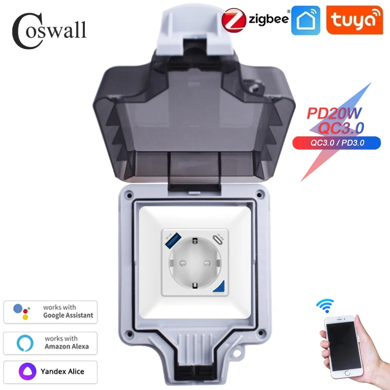 Coswall IP66 Waterproof EU Socket Tuya WIFI / Zigbee With PD 20W Type-C & A Dual USB Fast Charger With Power Monitoring Function