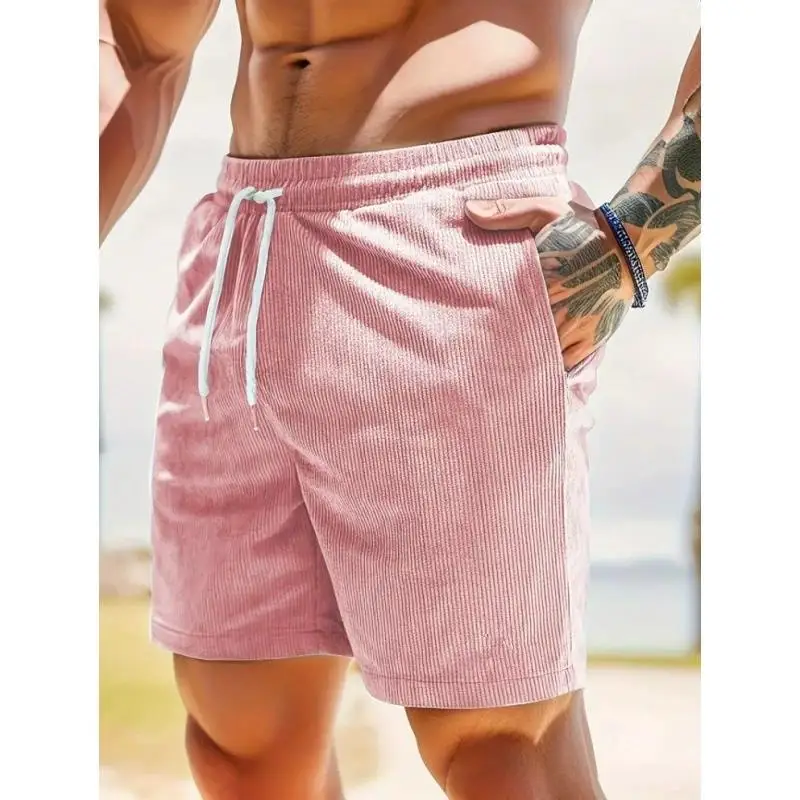 Summer new solid color lace-up sweatpants corduroy simple quarter shorts men's shorts casual pants