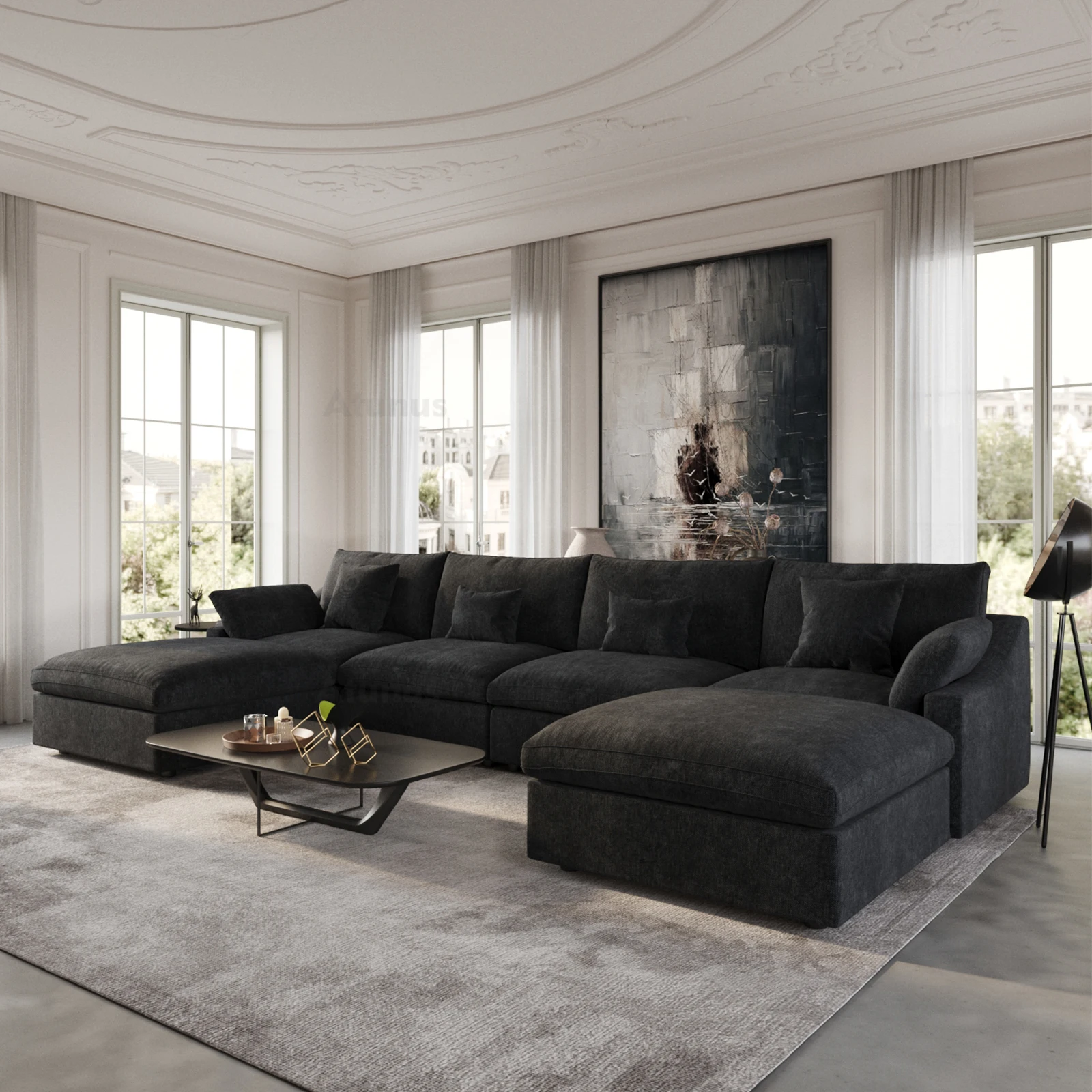 

ATUNUS USA in Stock Drop Shipping Chenille Linen Mix Fabric Living Room Nordic Cloud Black Modular Sectional Couch Sofa Set