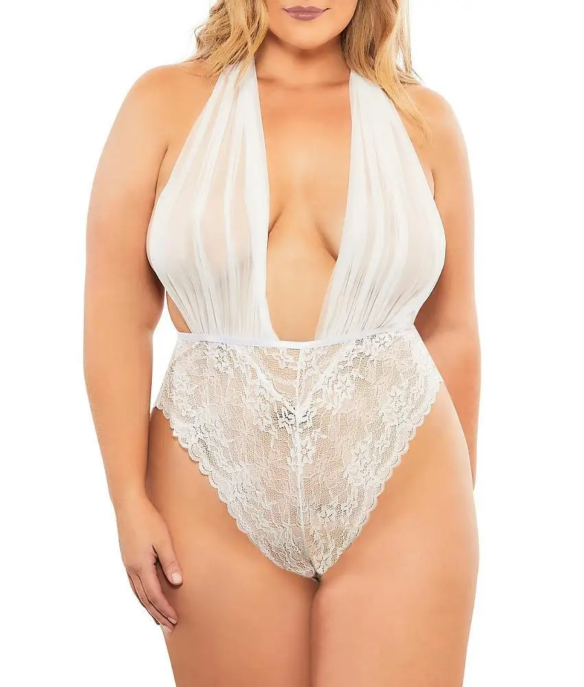 

European American Women's Plus Size Sex Underwear Sexy Imitation Ice Silk Nightwear Lace-up Transparent Lace Mesh Seduction