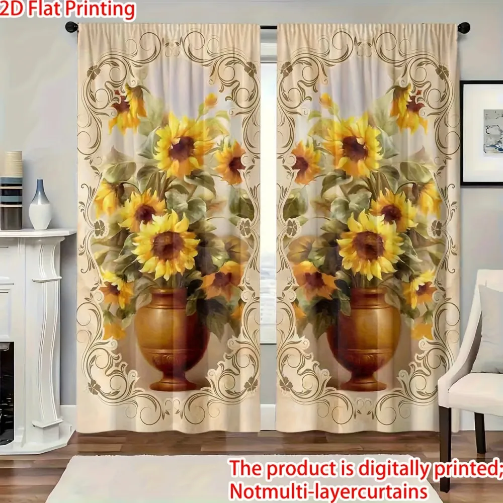 2PCS Vintage Curtains, Sunflower Vase Floral Ornate, Digital Print, Bedroom Living Room, Rod Pocket Polyester, Home Decor