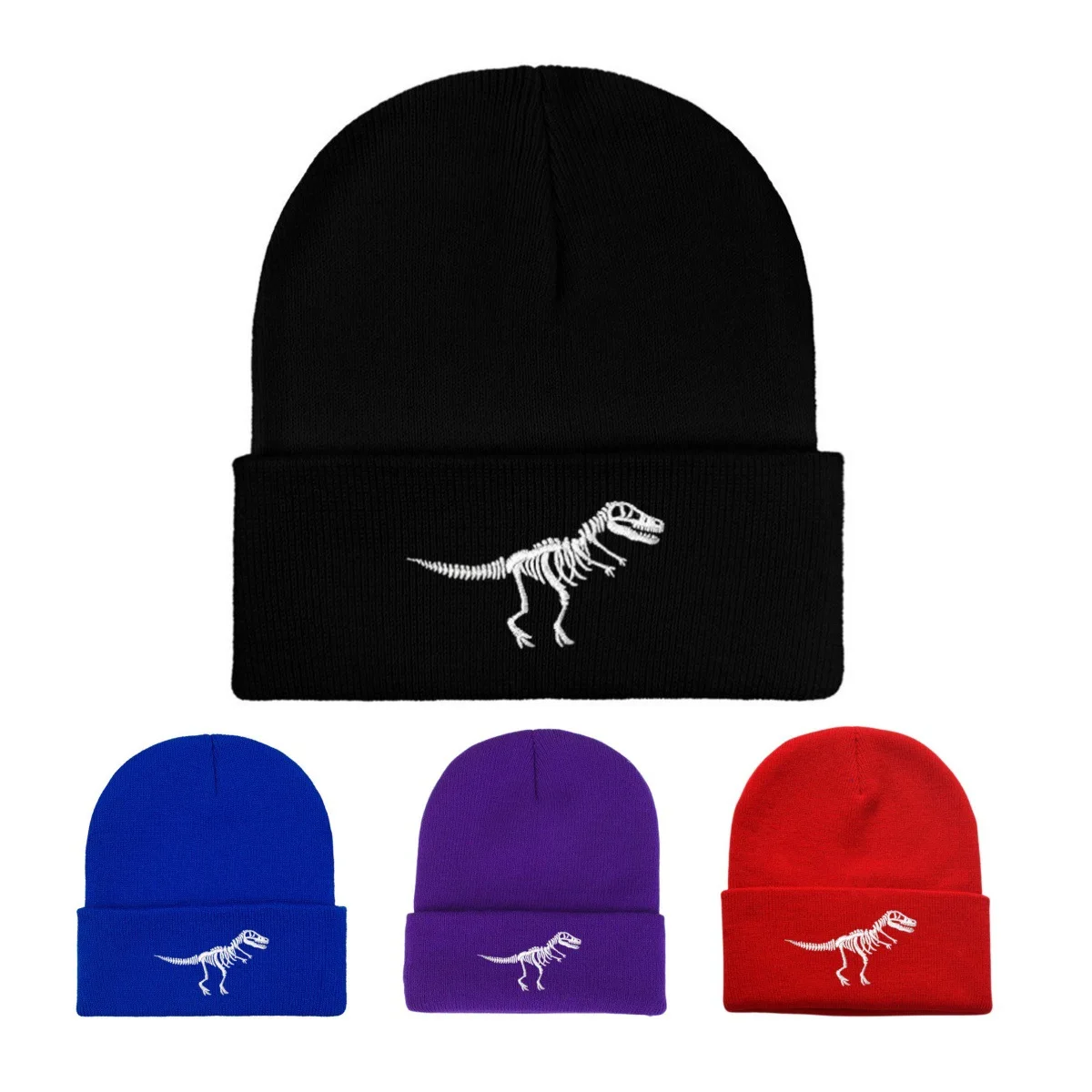 Dinosaur Skeleton Embroidered Beanie Hat Winter Cuffed Knit Skull Cap Tyrannosaurus Rex Skeleton Pattern Warm Hat For Men Women