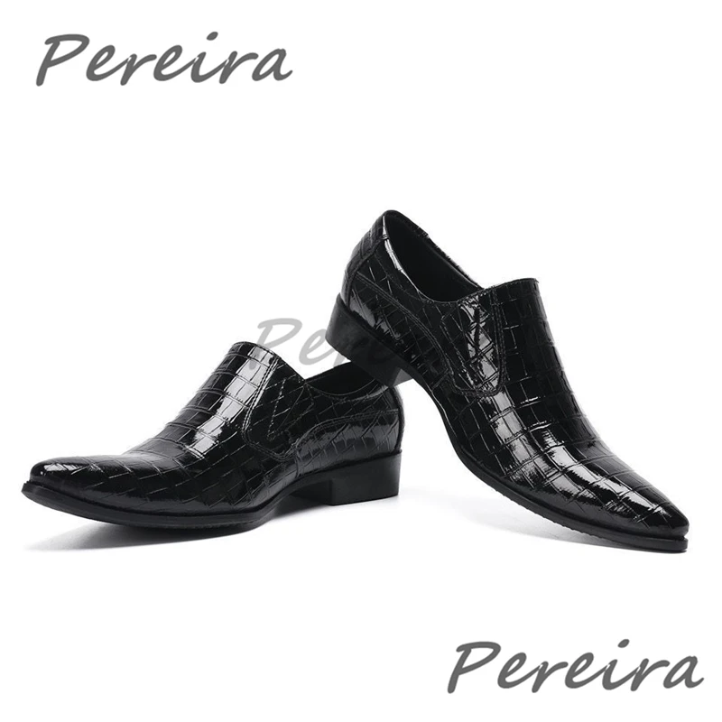 Shiny Patent Leather Checkered Pattern Dress Shoes for Men Trendy Pointy Toe Low Heel Loafers Summer New Party Wedding Shoes