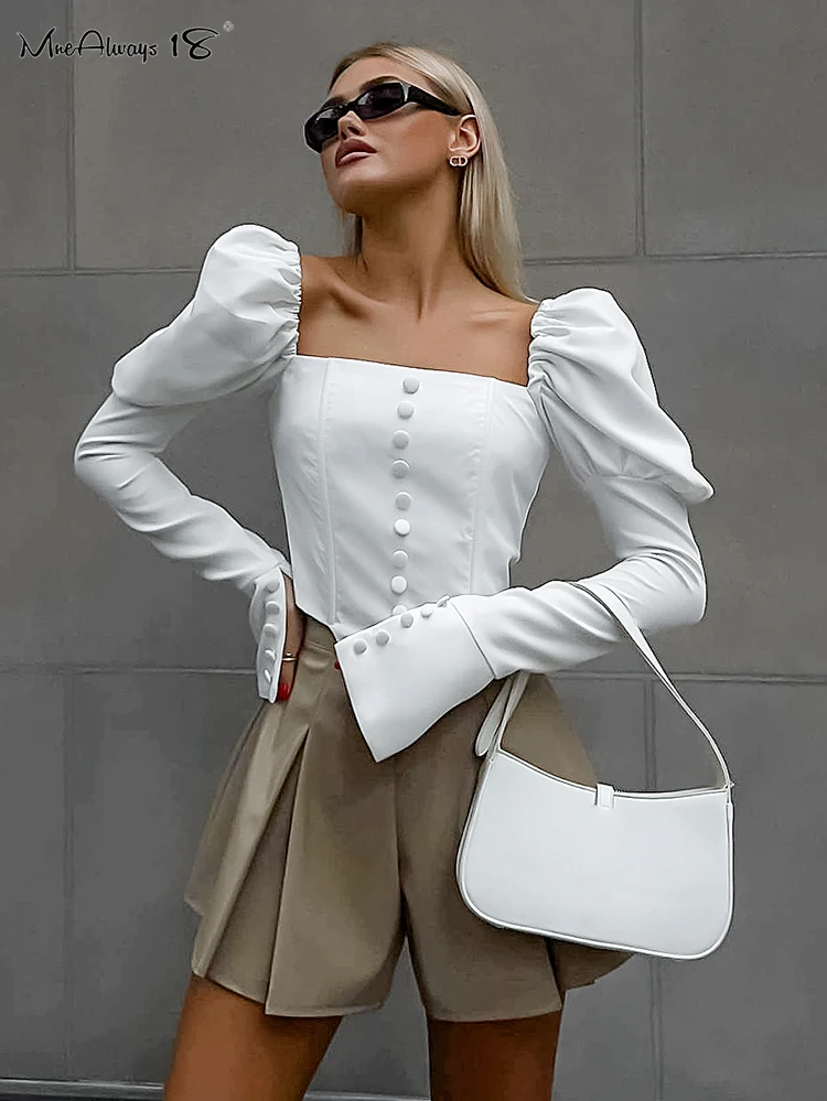 Mnealways18 High Street Women White Sexy Button Shirts Lantern Sleeve Ruched Female Blouses And Tops Spring 2024 Slim Cropped