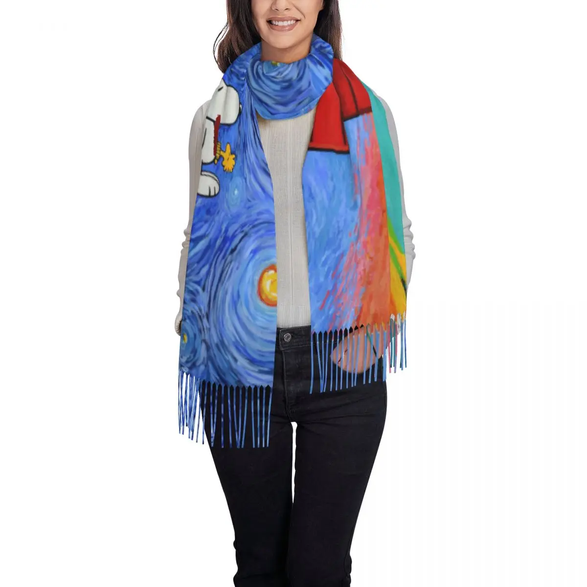 Snoopy Starry Night Pop Art Scarf with Tassel Outdoor Shawls Wrpas Men Women Custom Scarves Wraps Autumn Retro Bufanda