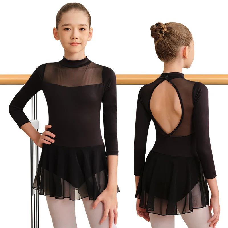 Langärmliges Ballett-Tanzkleid für Mädchen mit Netzrock, tiefem Rückenausschnitt und weichem Futter