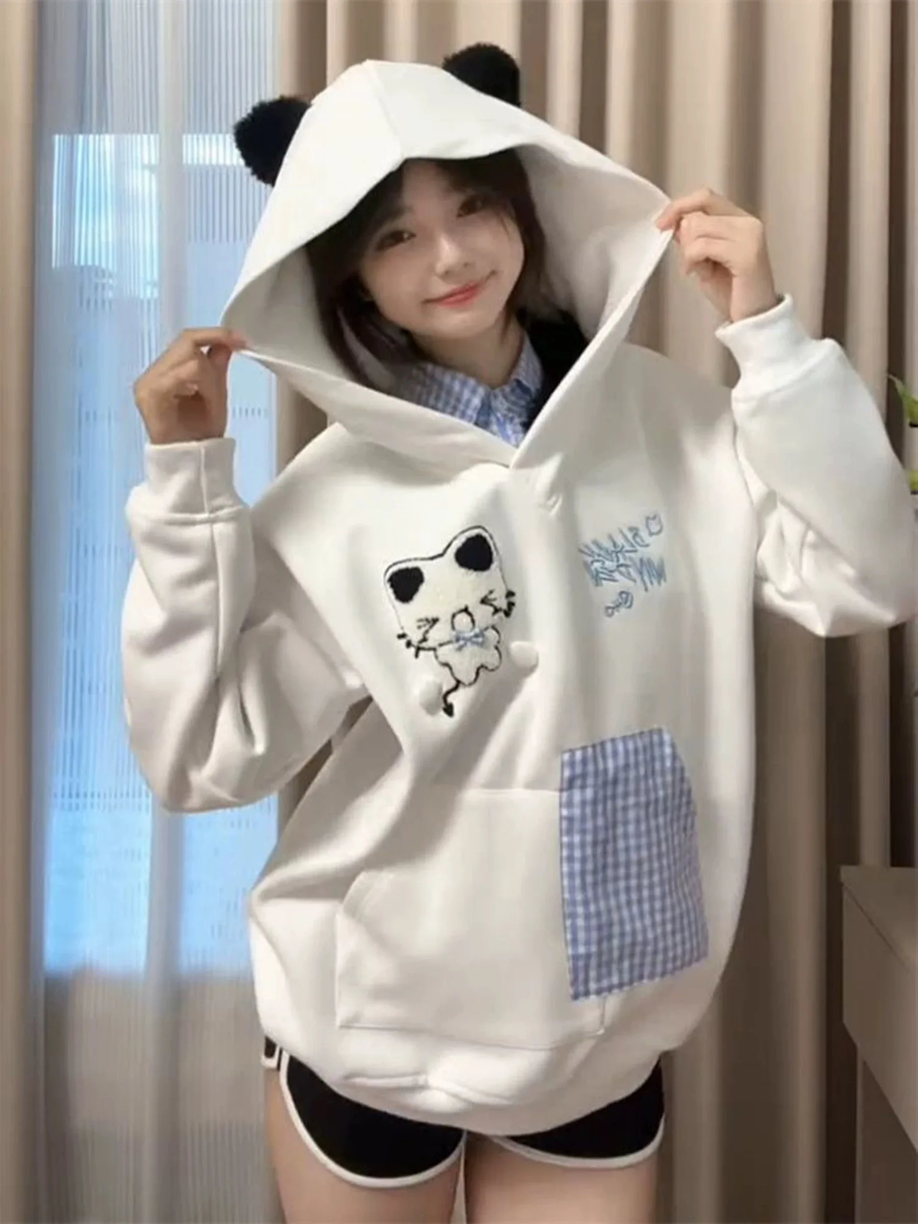 Y2K Übergroßer süßer Hoodie Damen Niedlicher Hund Stickerei Sweatshirt Herbst Winter Lose Pullover Harajuku Kawaii Kapuzenoberteile