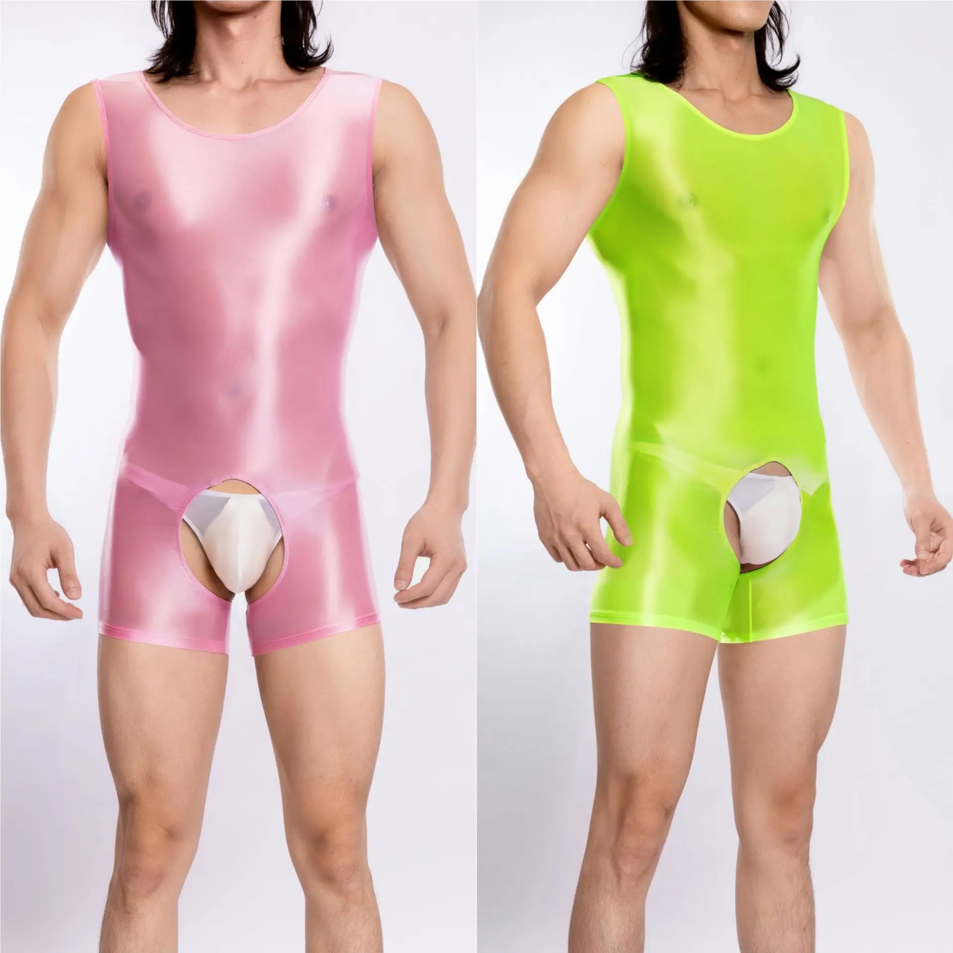 

Men Stretchy Shiny Bodysuit Plus Size Seamless See Through Sleeveless Open Crotch Smooth Glossy Tight Outfit