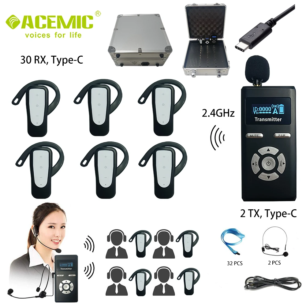 

32PCS Tour Guide System Wireless Audio Tool Equipment Headset Mic Ear-Hook for Tour Museum Church School Communicate Translation