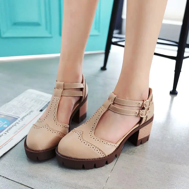 REAVE CAT Vintage Women Sandals Round Toe Block Heels Buckle T-straps Big Size 41 42 43 Daily Female Shoes