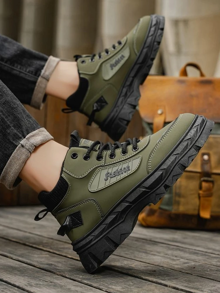 

2025 свежие модные мужские весенне-осенние высокие рабочие ботинки на толстой подошве, противоскользящая прочная теплая уличная походная обувь